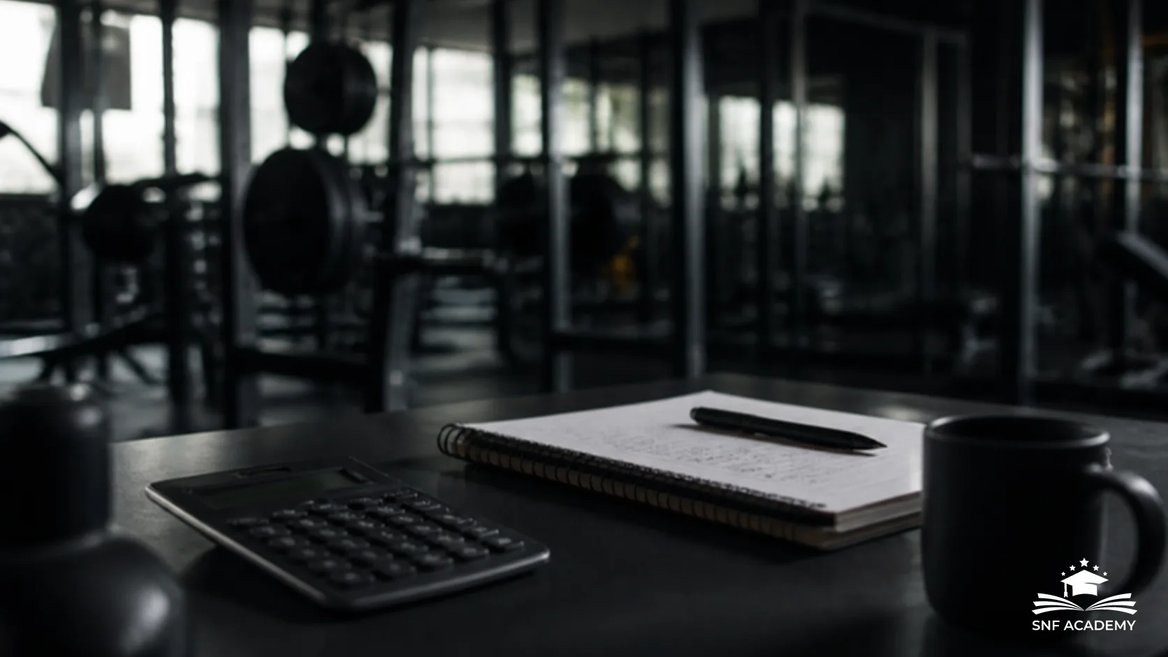 Taschenrechner, Notizbuch und Kaffeetasse auf einem Schreibtisch vor einem Fitnessstudio