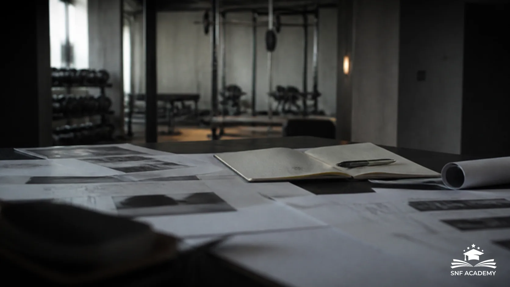 Unterlagen und Notizen auf einem Schreibtisch vor einem unscharfen Fitnessstudio