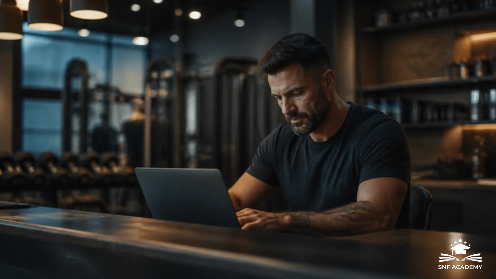 Studioinhaber schreibt am Laptop an der Anmeldung eine Anfrage