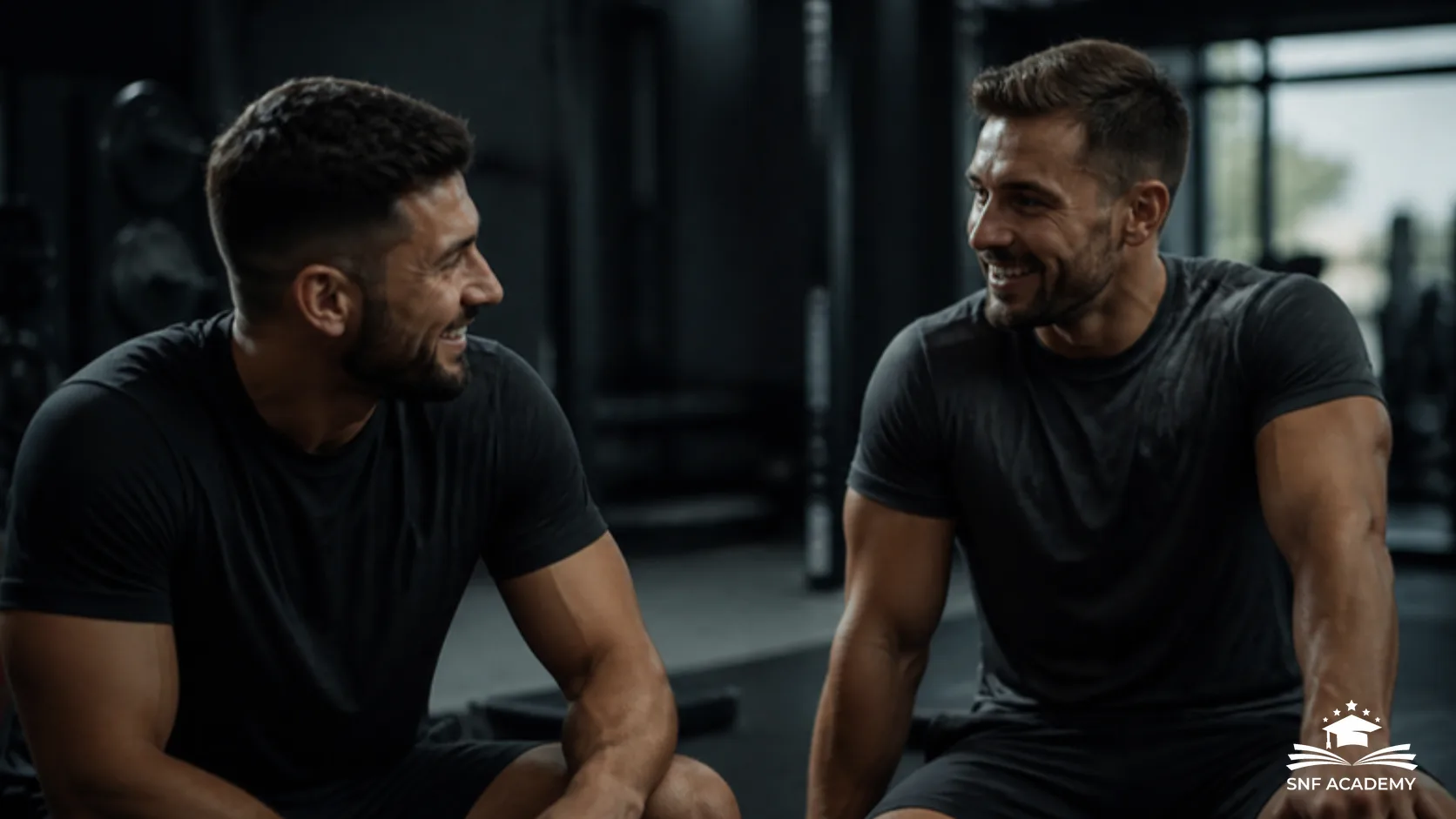 Zwei Trainer im entspannten Gespräch nach dem Training im Fitnessstudio