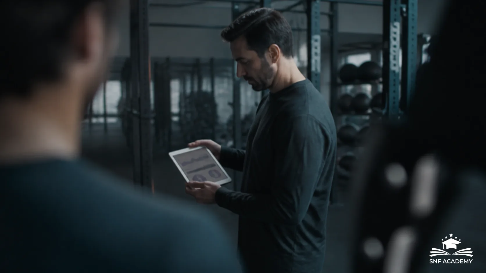 Studioleiter betrachtet ein Tablet im Kraftraum eines Fitnessstudios