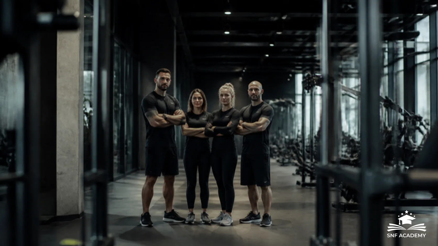 Kleines Studioteam steht gemeinsam in einem modernen Fitnessstudio