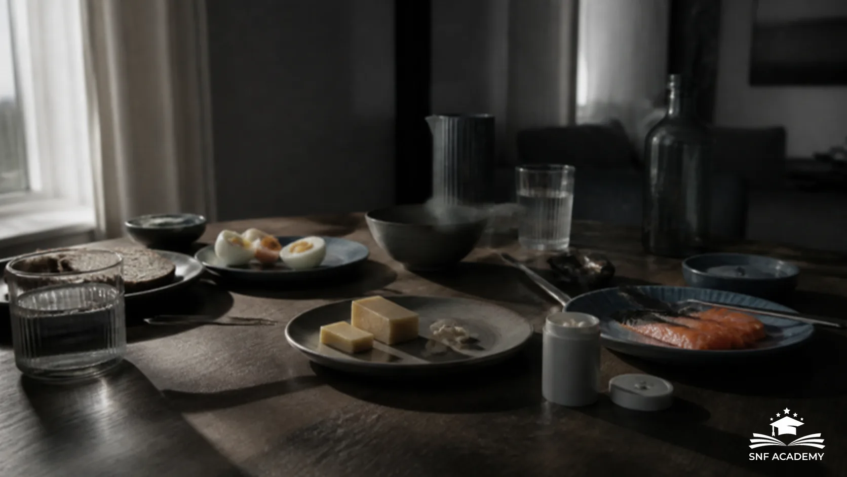 Tisch mit Eiern, Käse, Lachs und einer Tablettendose im Morgenlicht, Quellen von Vitamin B12