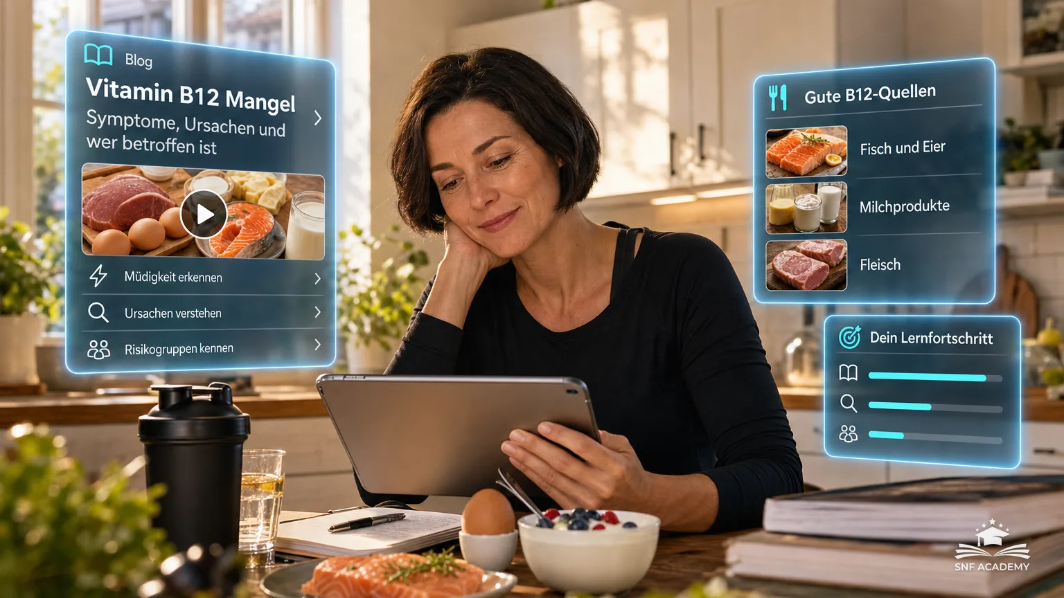 Frau Mitte 40 mit kurzem dunklem Bob sitzt müde lächelnd am Küchentisch mit Ei, Lachs und Joghurt, liest auf dem Tablet über Vitamin B12, helle Altbauküche am Morgen – Vitamin B12 Mangel