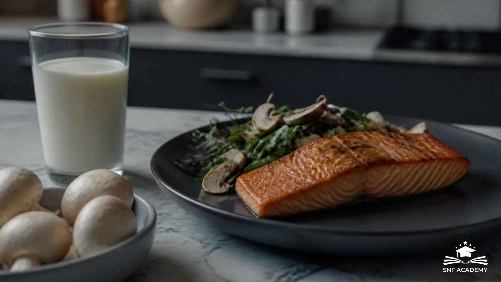 Gebratenes Lachsfilet neben frischen Champignons und einem Glas Milch auf einem hellen Küchentisch