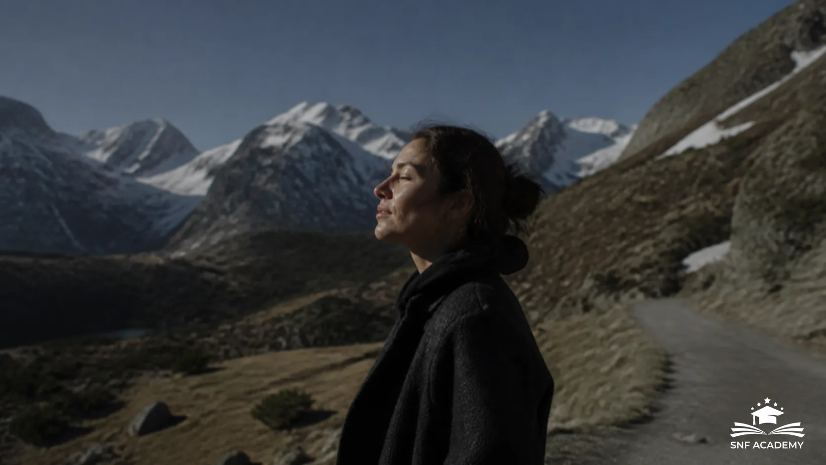 Frau im Winterlicht auf einem Bergweg, die Sonne scheint auf ihr Gesicht
