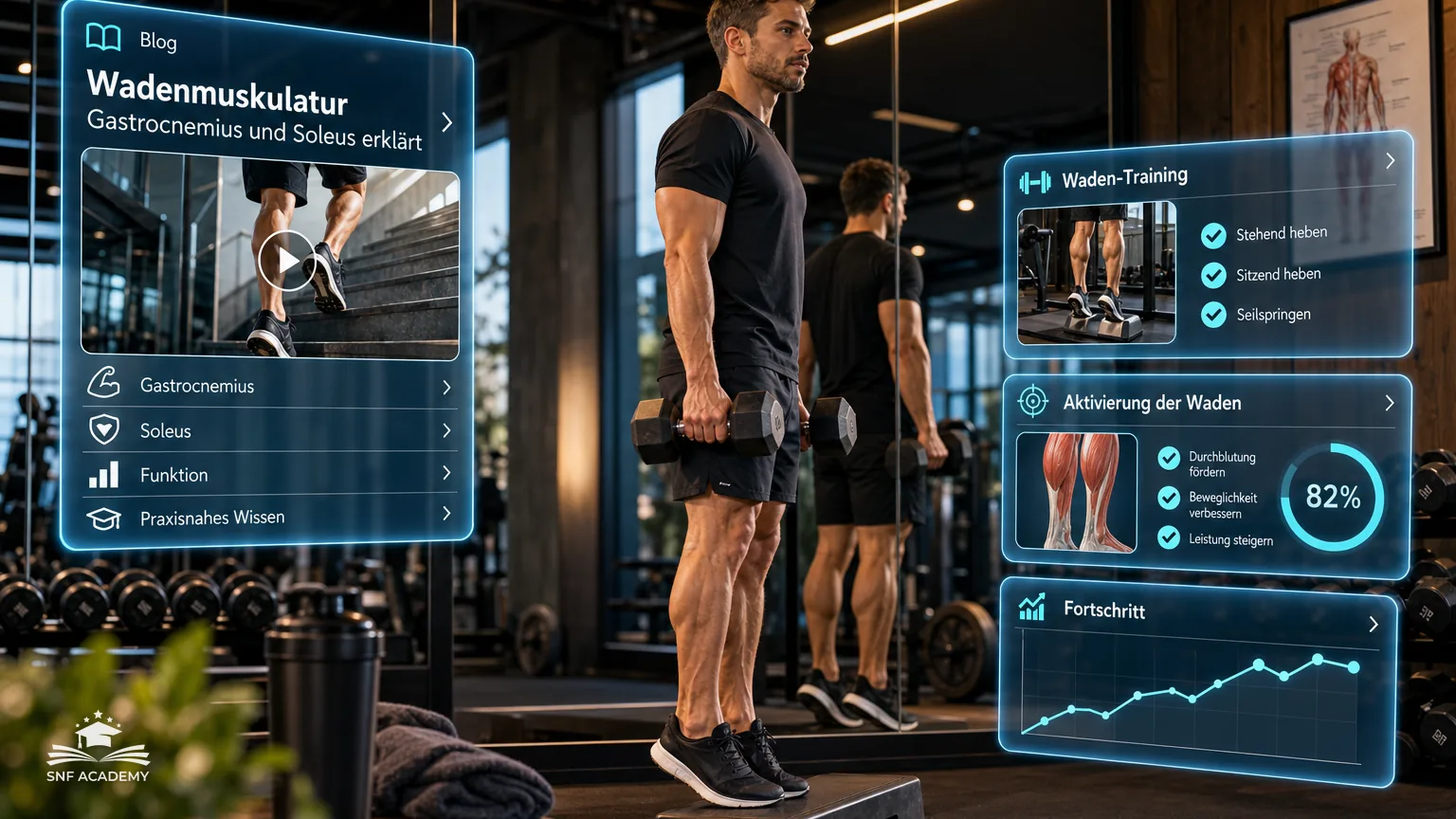 Mann macht Wadenheben auf einer Stufe mit Kurzhanteln, Fokus auf den Waden, modernes Gym mit Spiegeln – Wadenmuskulatur