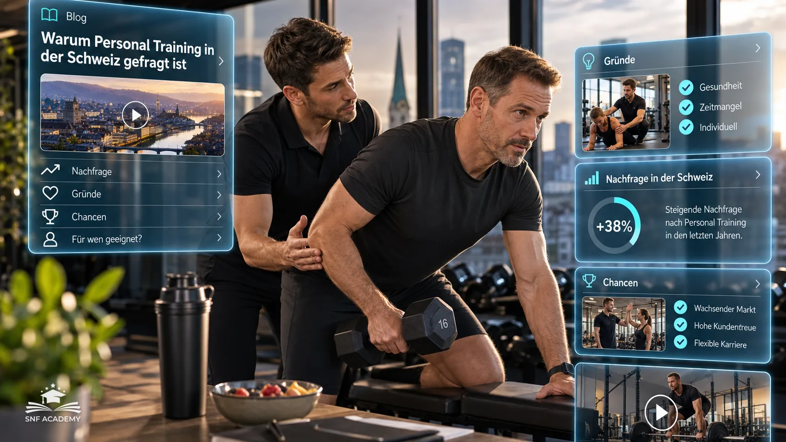 Personal Trainer begleitet einen Geschäftsmann beim Training, Zürcher Skyline durch Fenster – Warum Personal Training in der Schweiz gefragt ist