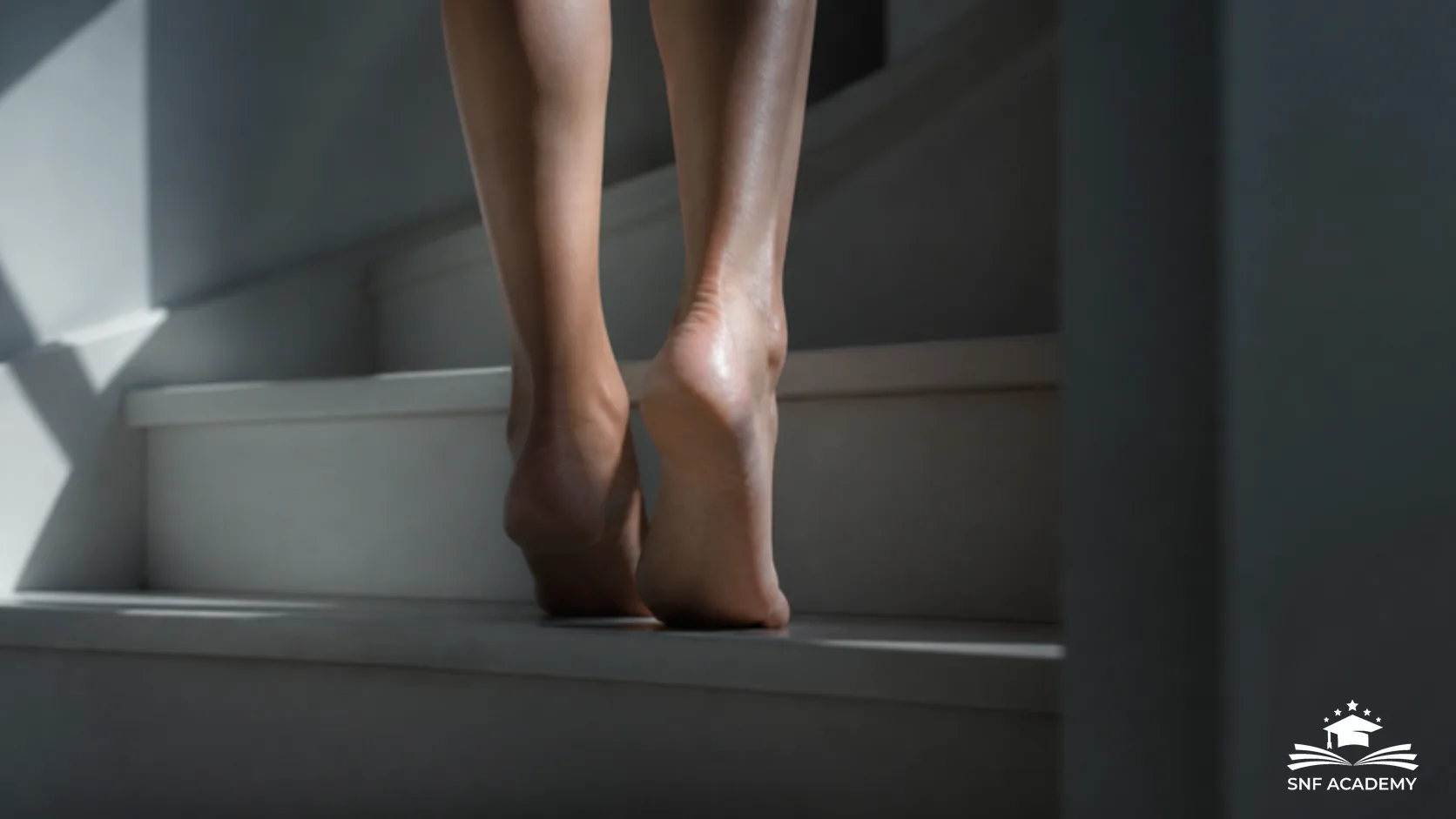 Barfüssige Füsse einer Person auf einer hellen Treppenstufe im Morgenlicht, Knöchel im Fokus