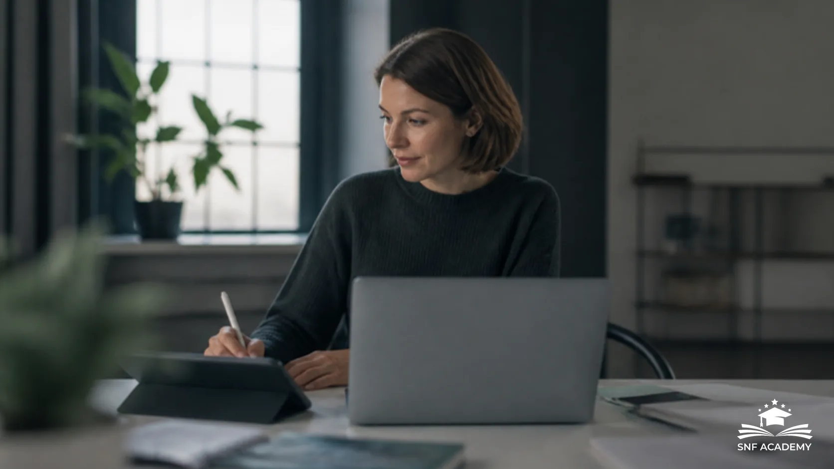 Coachin gestaltet ihre Website am Laptop und Tablet