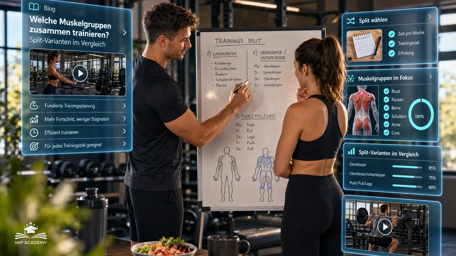 Trainer plant mit einer Kundin am Whiteboard einen Trainingssplit, Studio mit Hantelbank – Welche Muskelgruppen zusammen trainieren? Split-Varianten im Vergleich