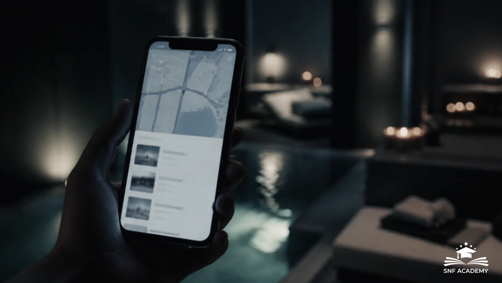 Hand hält ein Smartphone mit einer Kartensuche, im Hintergrund ein Wellness-Studio