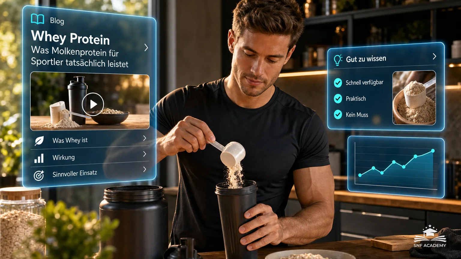 Sportler misst Whey-Pulver mit dem Messlöffel ab, Shaker und Haferflocken auf dem Küchentresen – Whey Protein