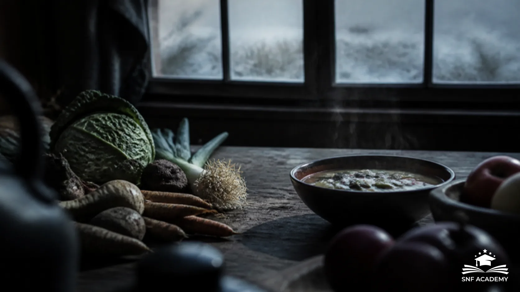 Rustikaler Holztisch am Fenster mit Wurzelgemüse, Wirsing, Lauch, Äpfeln und einer Schüssel Suppe an einem frostigen Wintertag