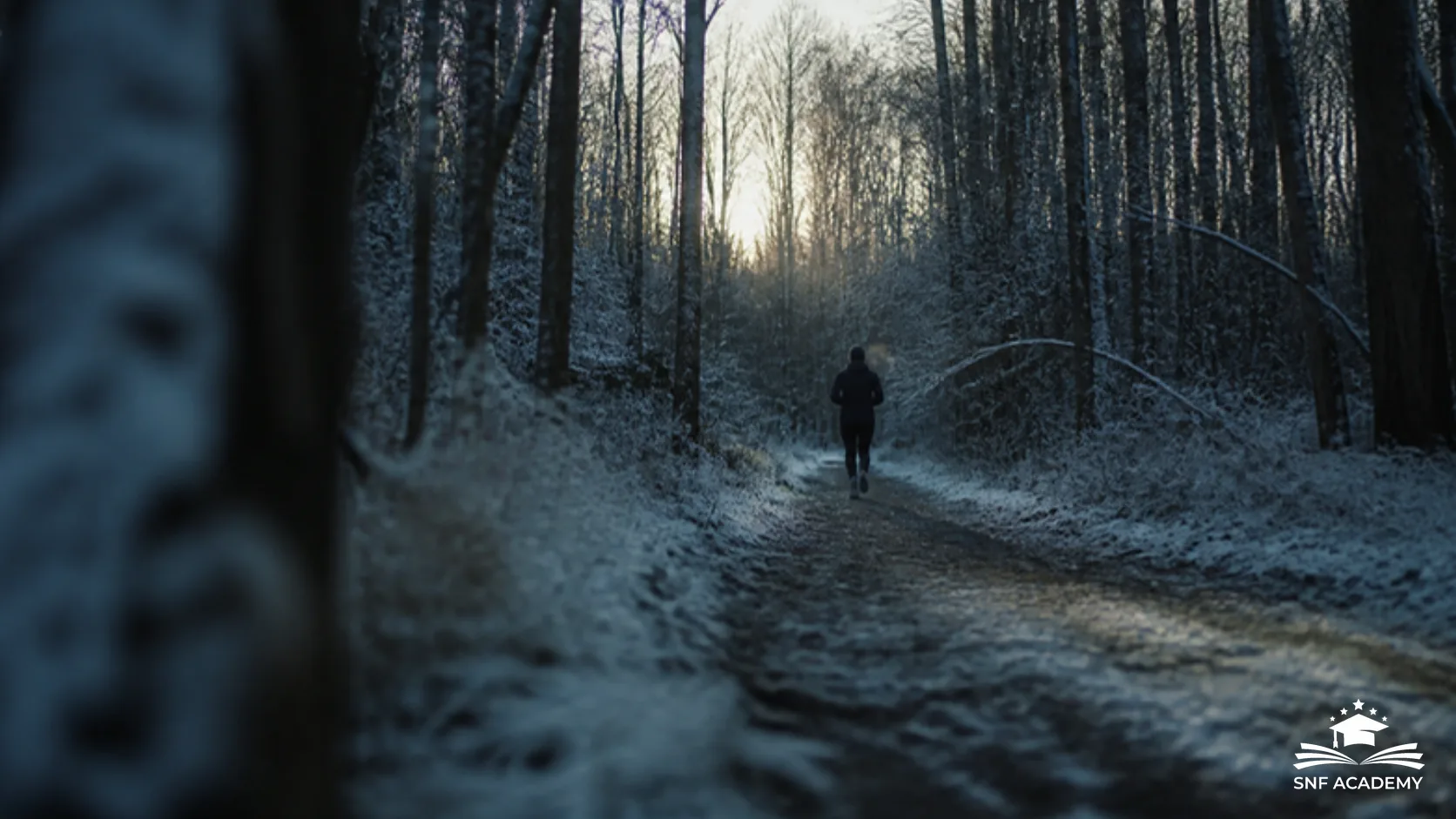Läufer auf einem frostigen Waldweg im Winter bei Morgendämmerung