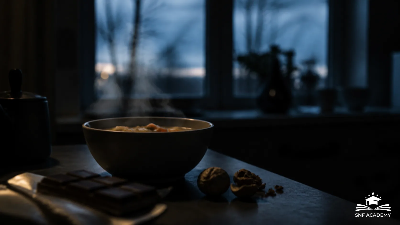 Dunkle Winterküche am Abend mit dampfender Gemüsesuppe, Walnüssen und einer Tafel Schokolade im Vordergrund