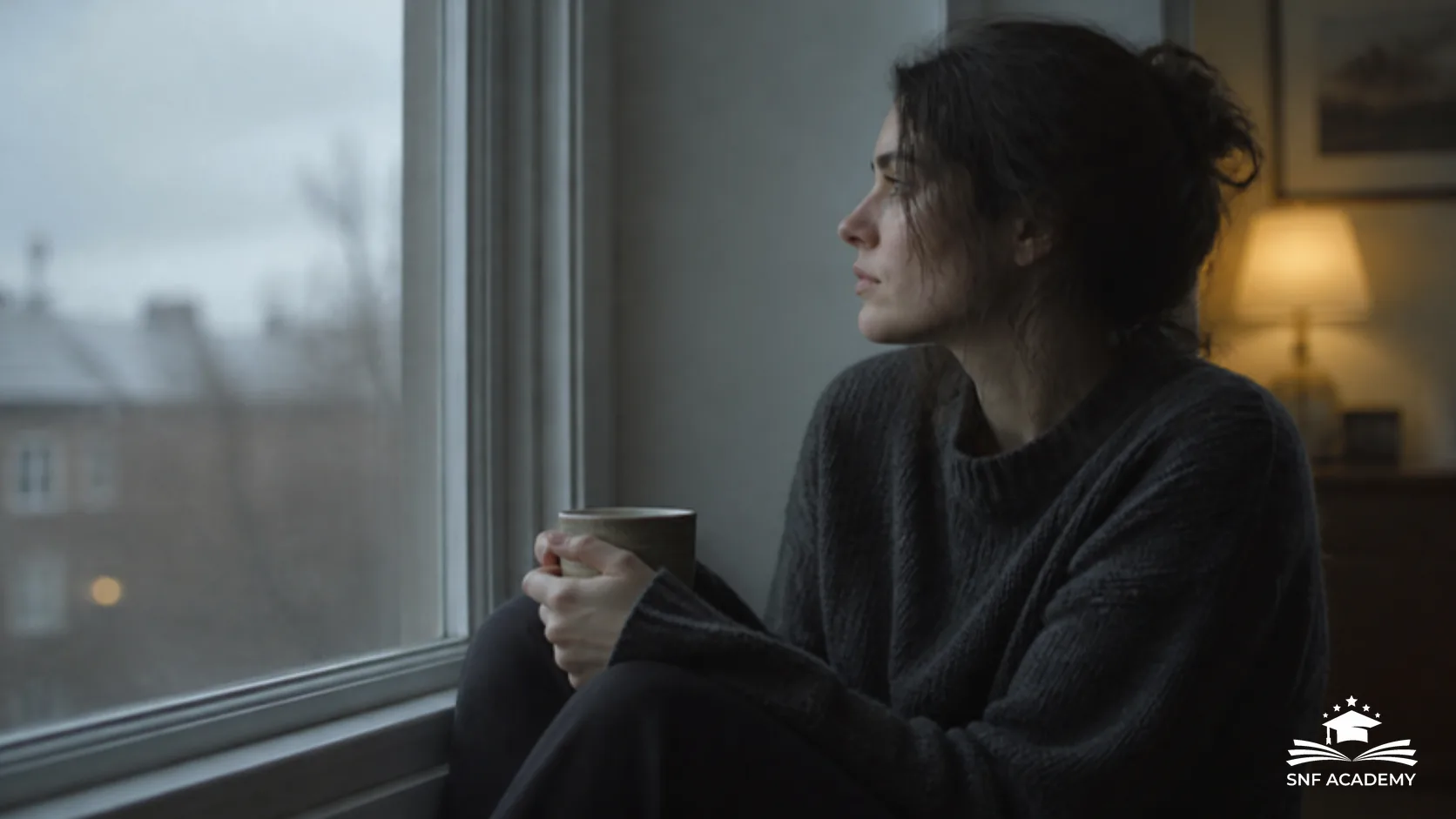 Nachdenkliche Person mit Tasse am Fenster an einem grauen Wintermorgen
