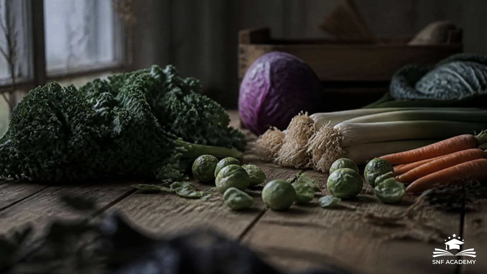 Grünkohl, Rotkohl, Rosenkohl, Lauch und Karotten auf einem dunklen Holztisch am Fenster