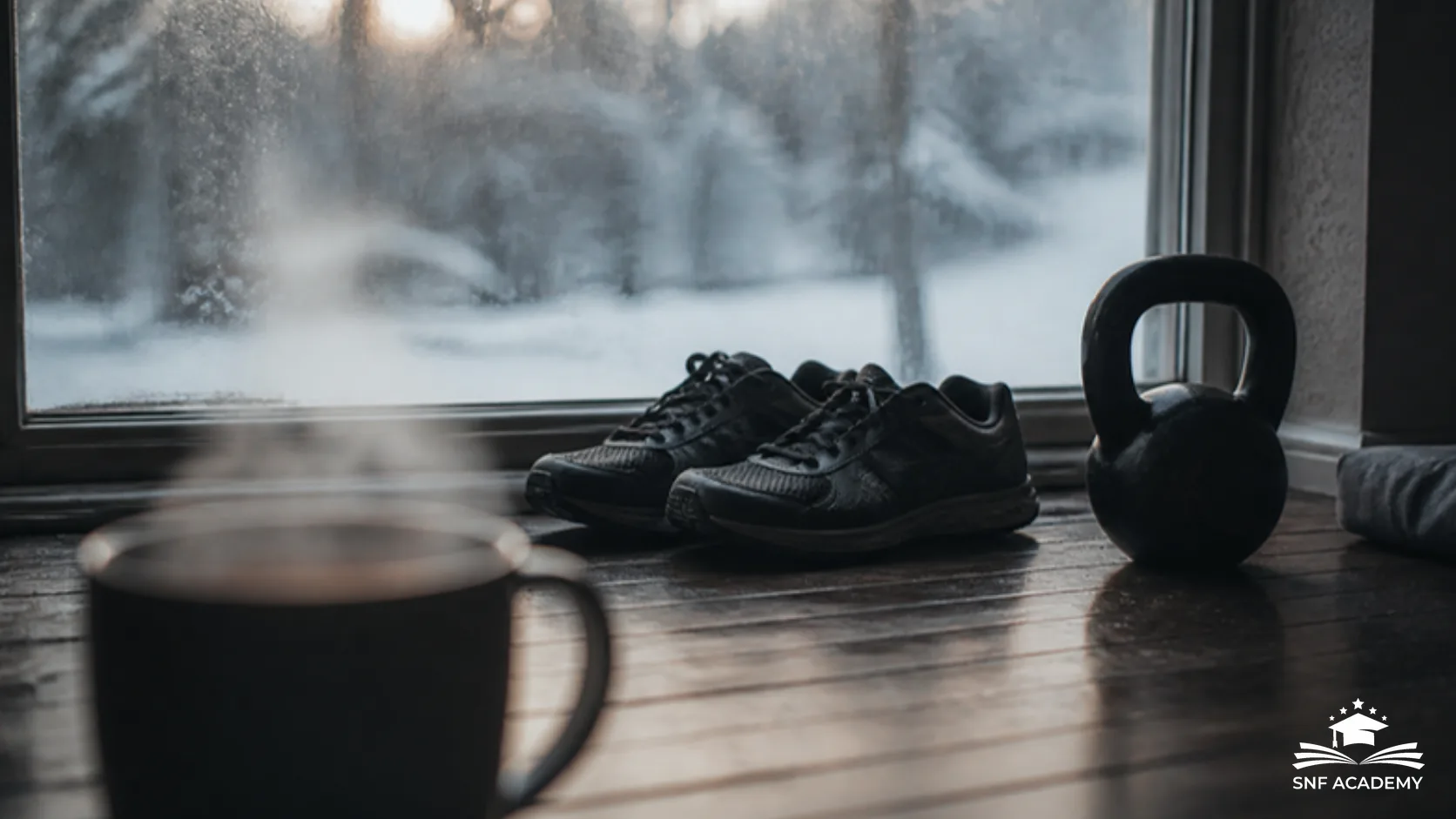Laufschuhe und Kettlebell auf einem Holzboden vor einem frostigen Winterfenster, im Vordergrund eine dampfende Tasse