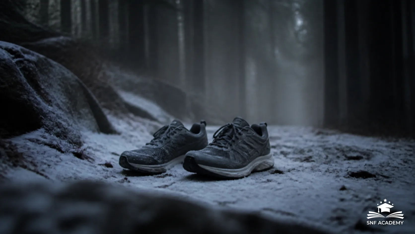 Laufschuhe auf einem verschneiten Waldweg im Winter