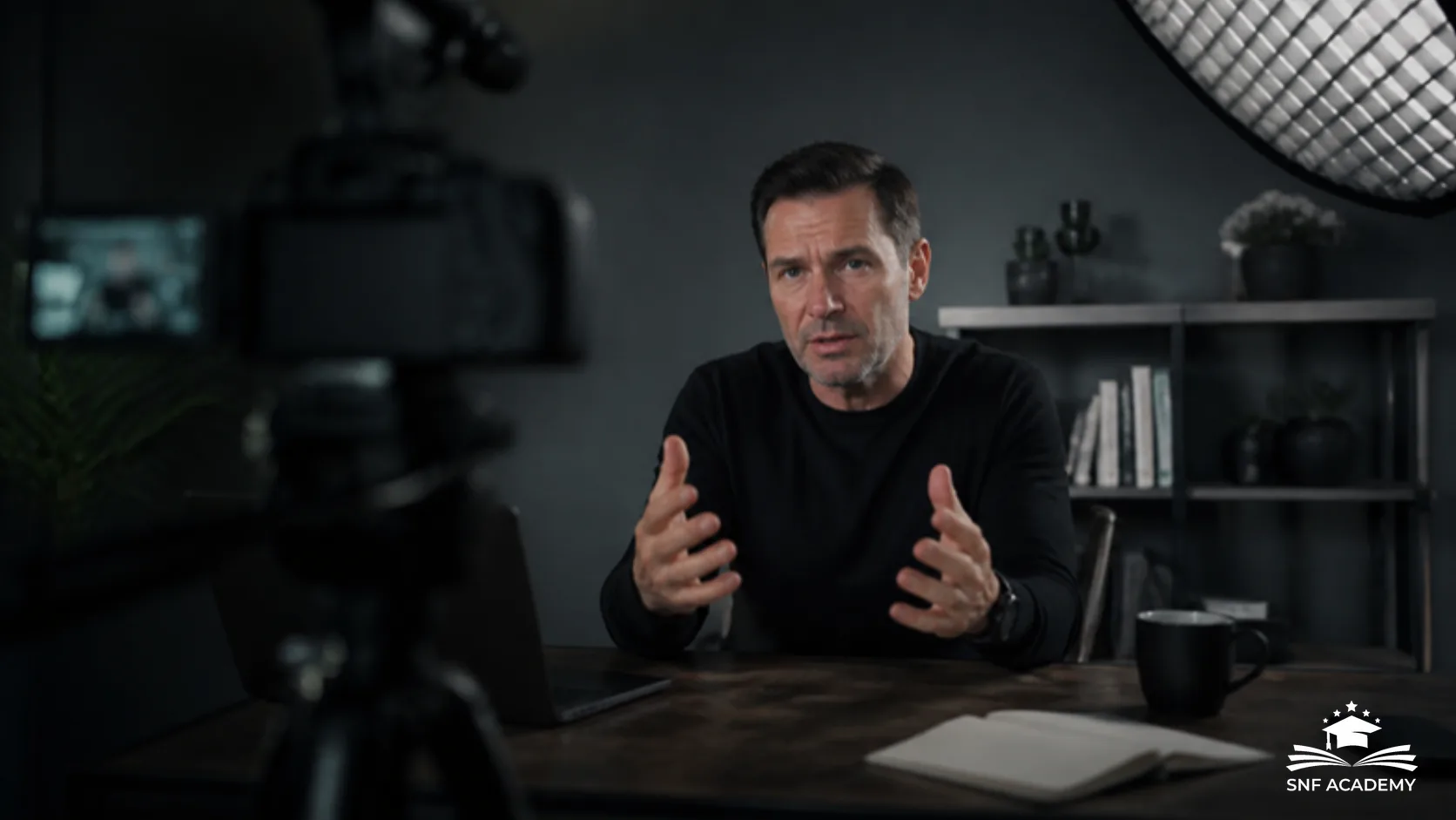 Coach spricht in einem Heimstudio in die Kamera, um ein Erklärvideo aufzunehmen