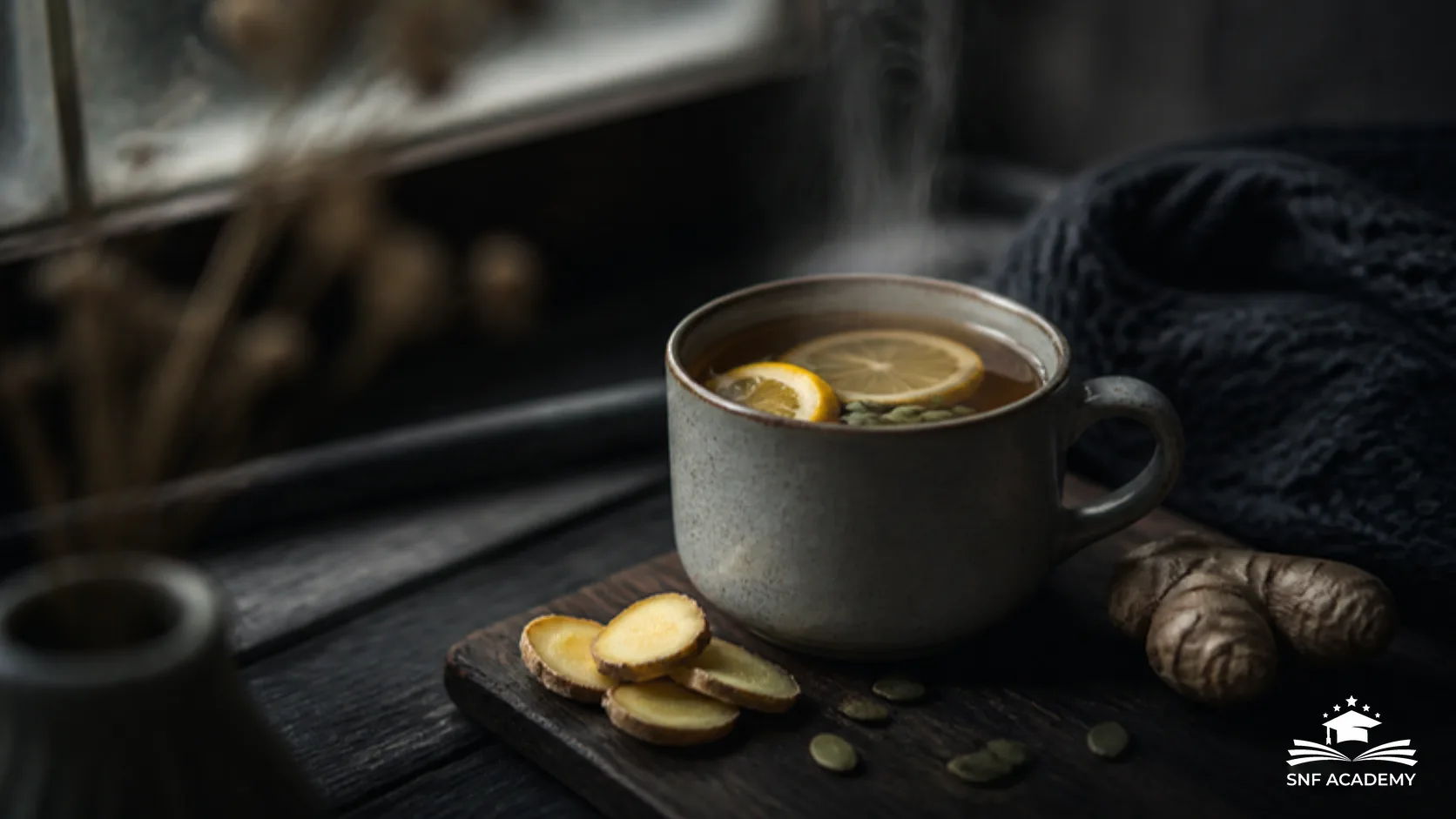 Tasse Kräutertee mit Zitrone, Ingwer und Kürbiskernen auf dunklem Holztisch