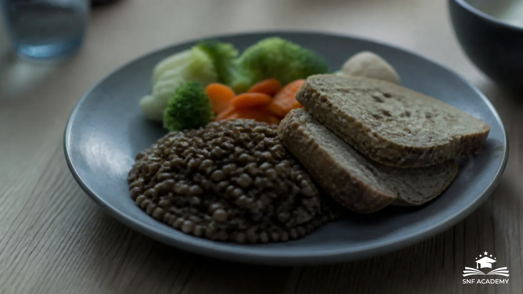 Teller mit Linsen, Vollkornbrot und gedünstetem Gemüse auf einem hellen Holztisch
