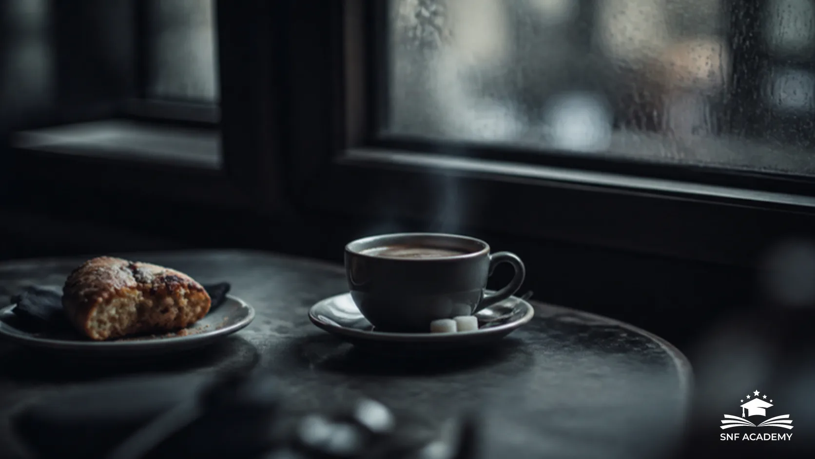 Tasse Kaffee mit Zuckerwürfeln und Gebäck auf einem dunklen Tisch am Fenster