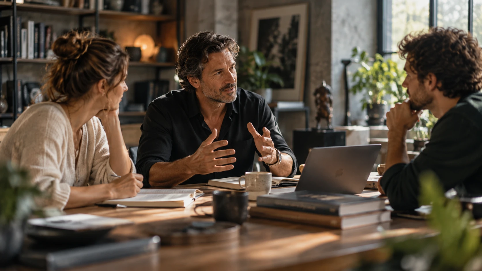 Business aufbauen als Coach Coach bespricht mit zwei Teilnehmenden den Aufbau ihres Business