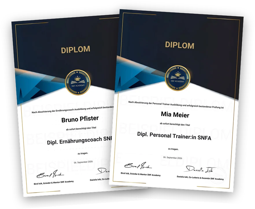 Muster-Diplome der SNF Academy: Dipl. Ernährungscoach SNFA und Dipl. Personal Trainer:in SNFA