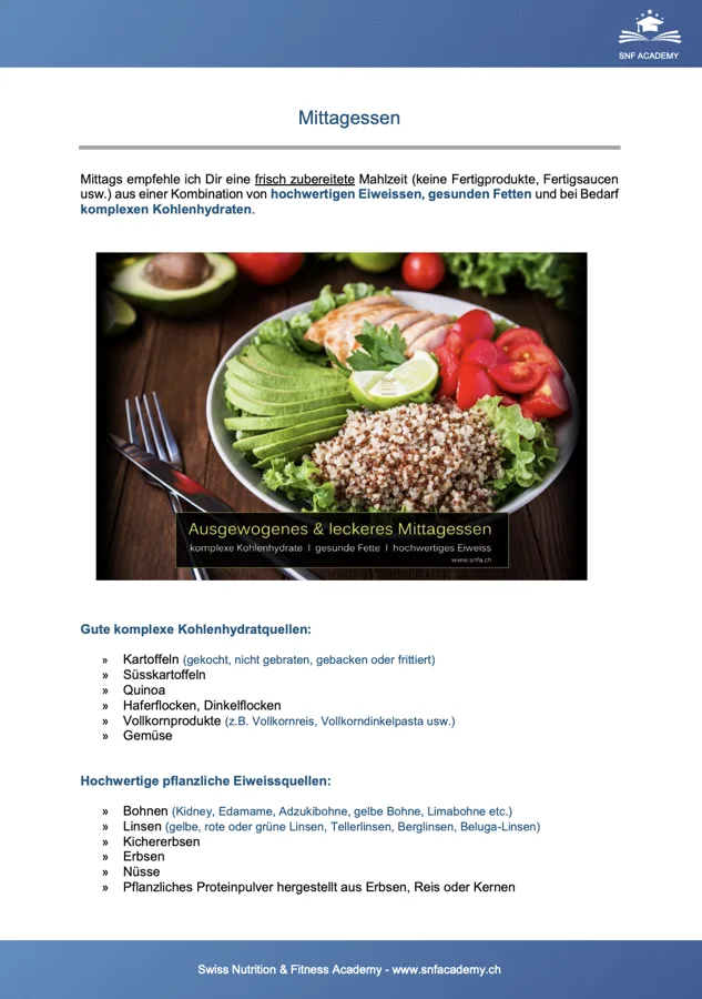 Lernunterlage der SNF Academy zum Thema Mittagessen mit Foto einer Bowl und Kohlenhydratquellen