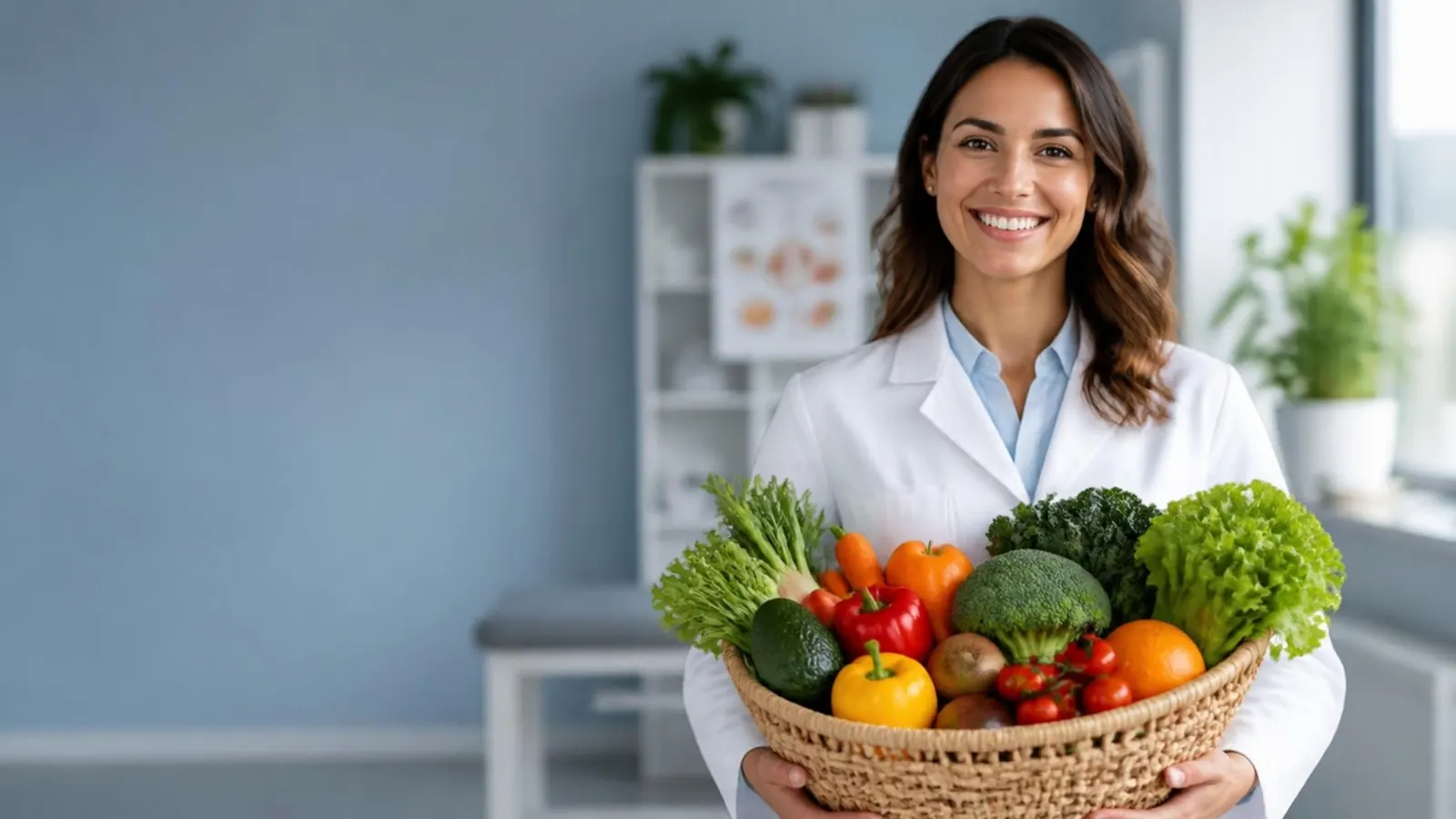 Ernährungsberatung mit frischem Gemüse Ernährungsberaterin hält einen Korb mit frischem Gemüse und Obst in der Praxis
