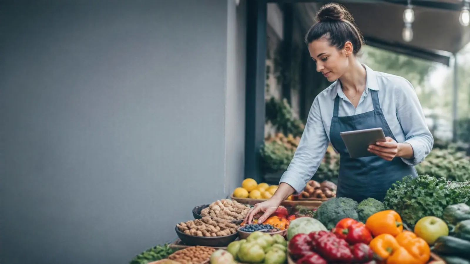 Ernährungscoach beim Einkauf auf dem Wochenmarkt Ernährungscoach mit Tablet wählt frisches Gemüse auf dem Markt aus