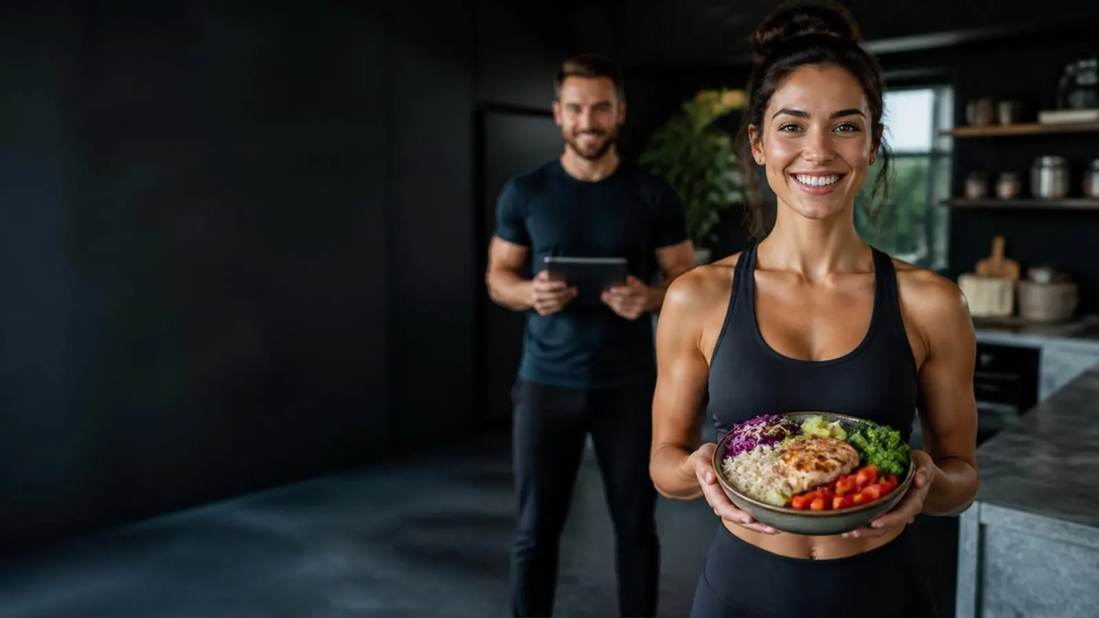 Ernährungscoaching mit gesunder Bowl Lächelnde Kundin mit gesunder Bowl, im Hintergrund ihr Coach mit Tablet