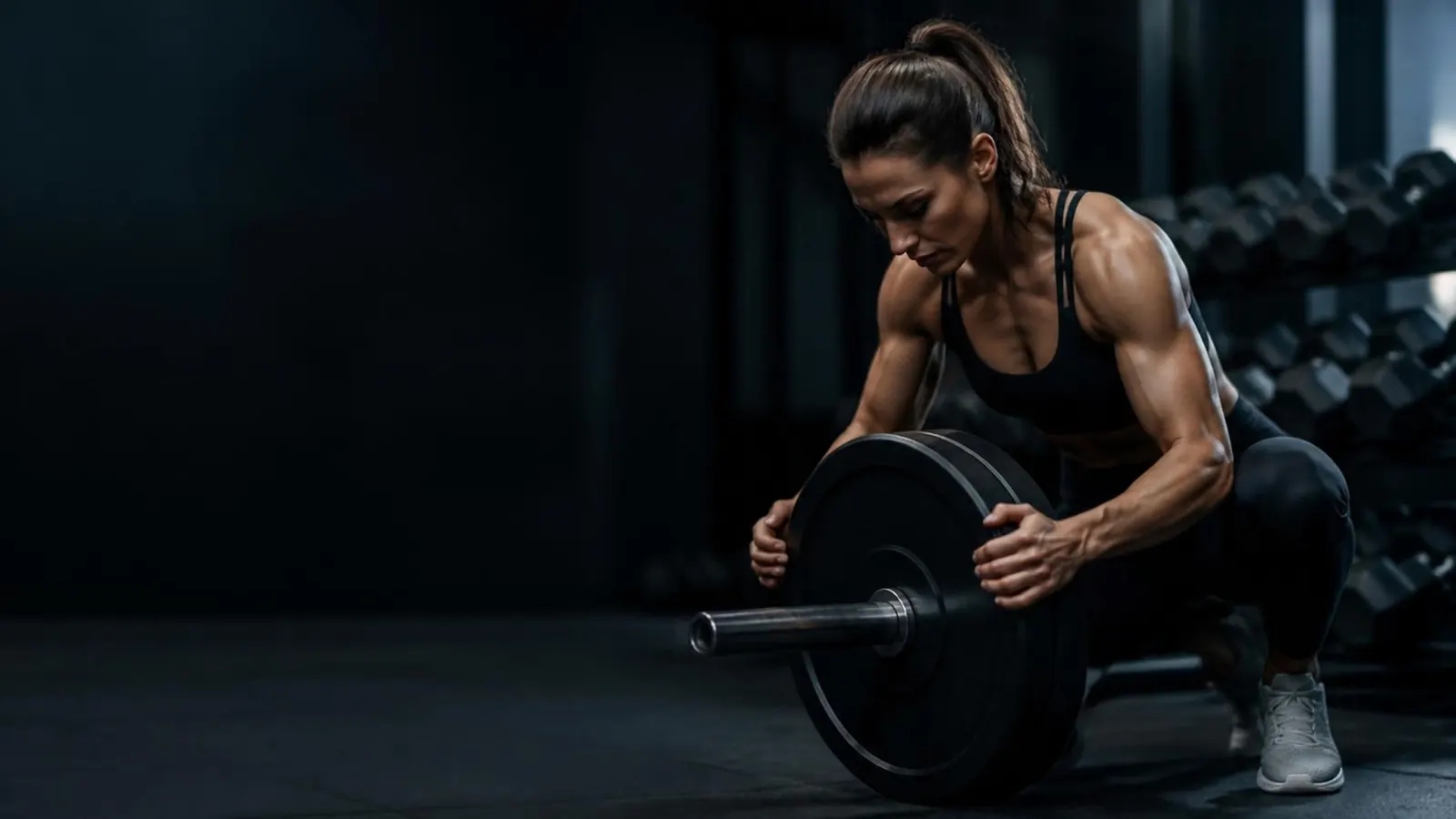 Krafttraining im Fitnessstudio Frau bereitet im Fitnessstudio eine Hantelscheibe für das Krafttraining vor