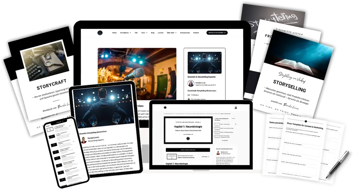 Storytelling Masterclass auf Laptop, Tablet und Smartphone