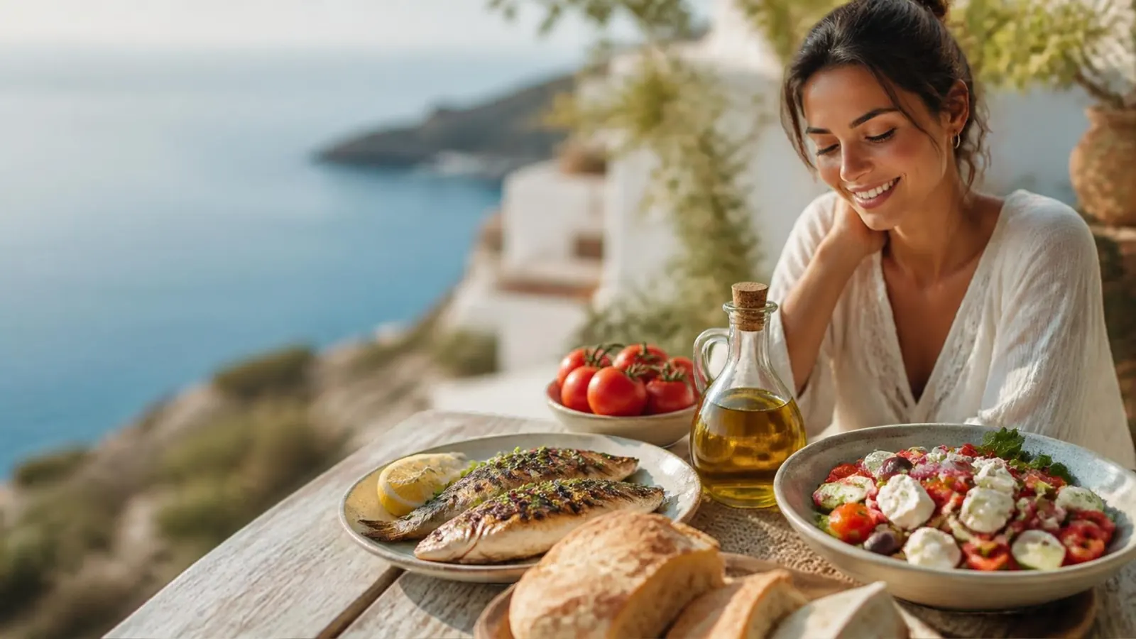 Mediterrane Ernährung mit Fisch und Salat Mediterranes Essen mit gegrilltem Fisch, Salat und Olivenöl auf einer Terrasse am Meer