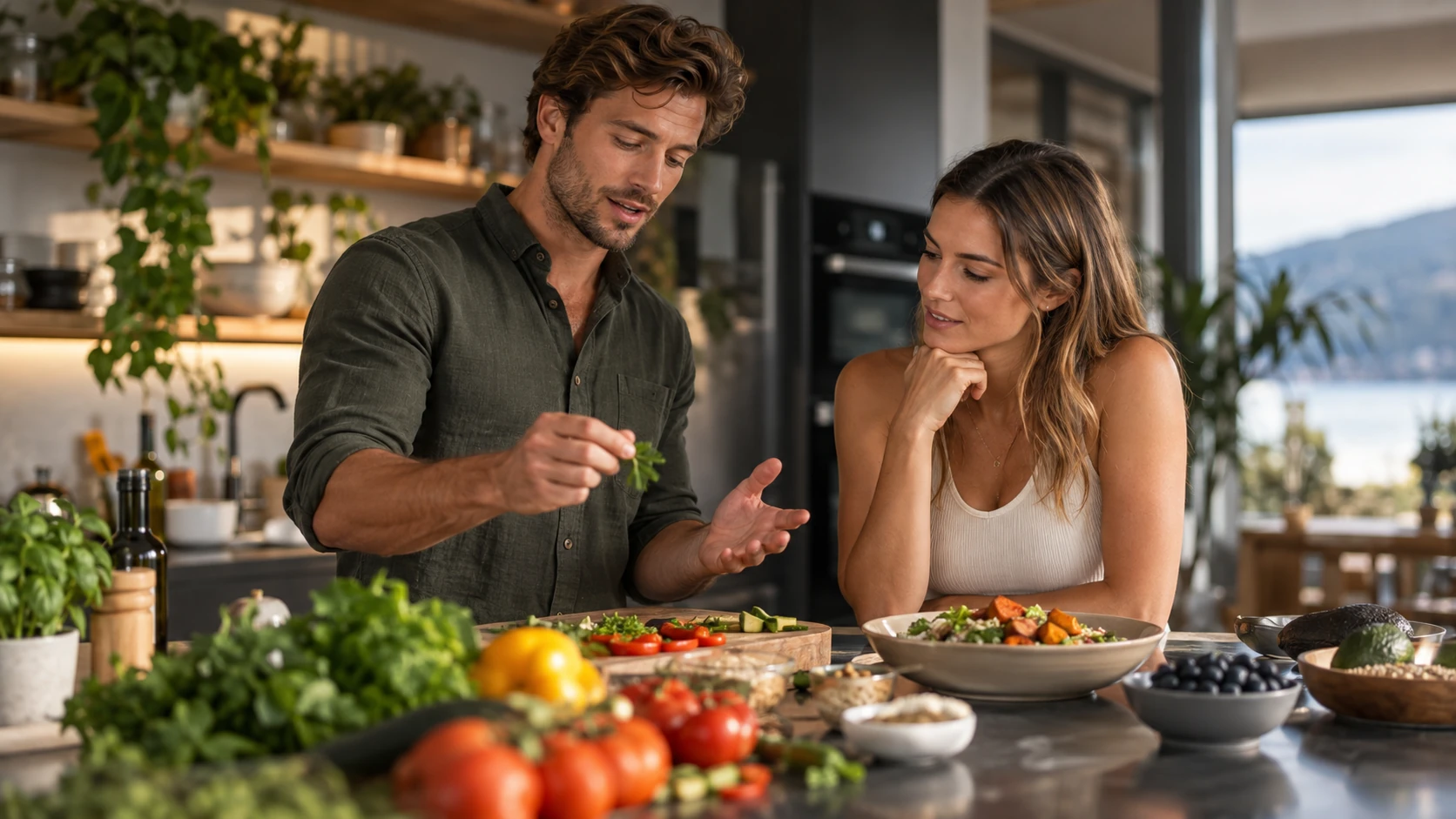 Online Ernährungscoach Ausbildung Ernährungscoach erklärt einer Kundin die Zubereitung gesunder Mahlzeiten