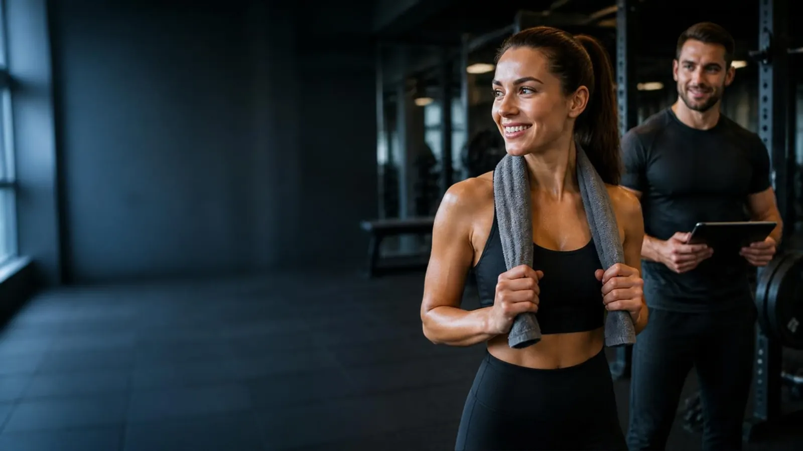 Personal Training: Kundin nach dem Training Kundin mit Handtuch nach dem Training, im Hintergrund ihr Personal Trainer mit Tablet