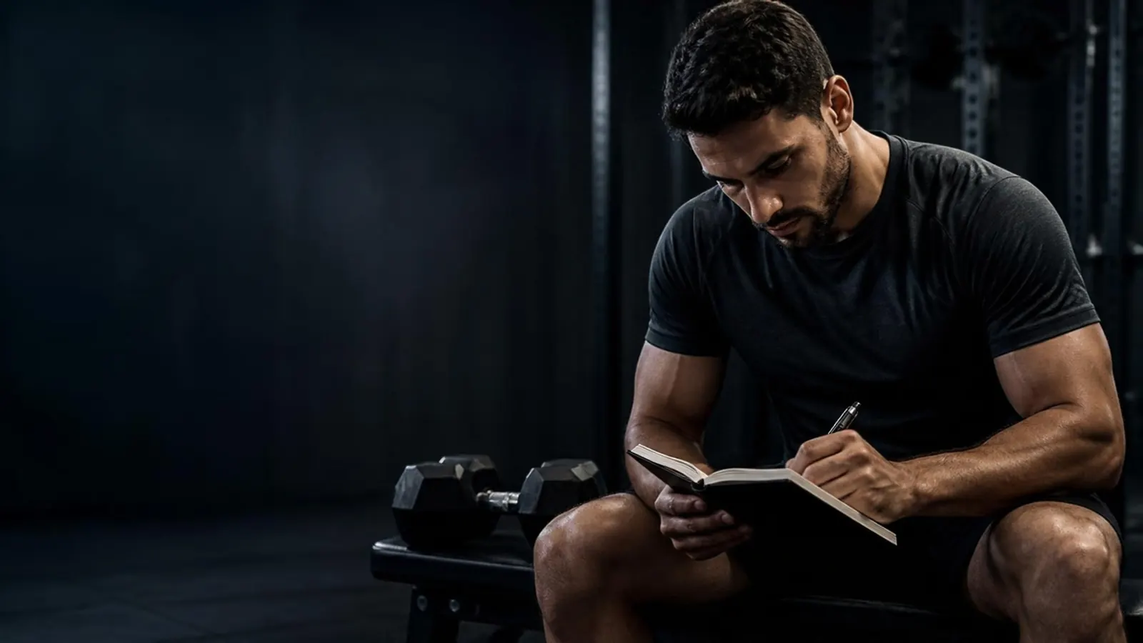 Trainingsplanung als Personal Trainer Personal Trainer plant das Training in seinem Notizbuch im Fitnessstudio