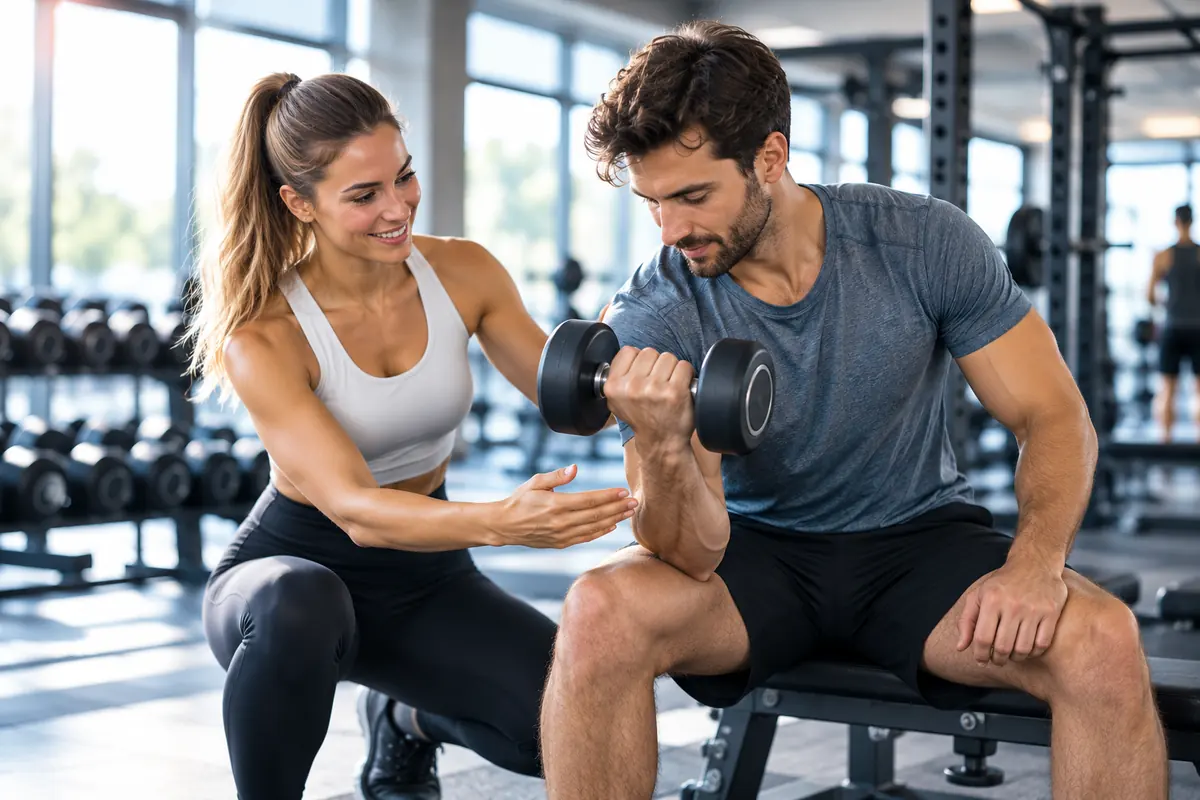 Personal Trainerin begleitet eine Kundin beim Kurzhanteltraining im Fitnessstudio