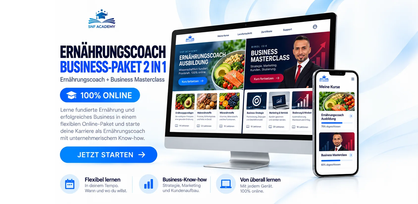 Ernährungscoach Business-Paket 2 in 1: Ernährungscoach Ausbildung plus Business Masterclass, 100 % online, Lernplattform auf Computer und Smartphone