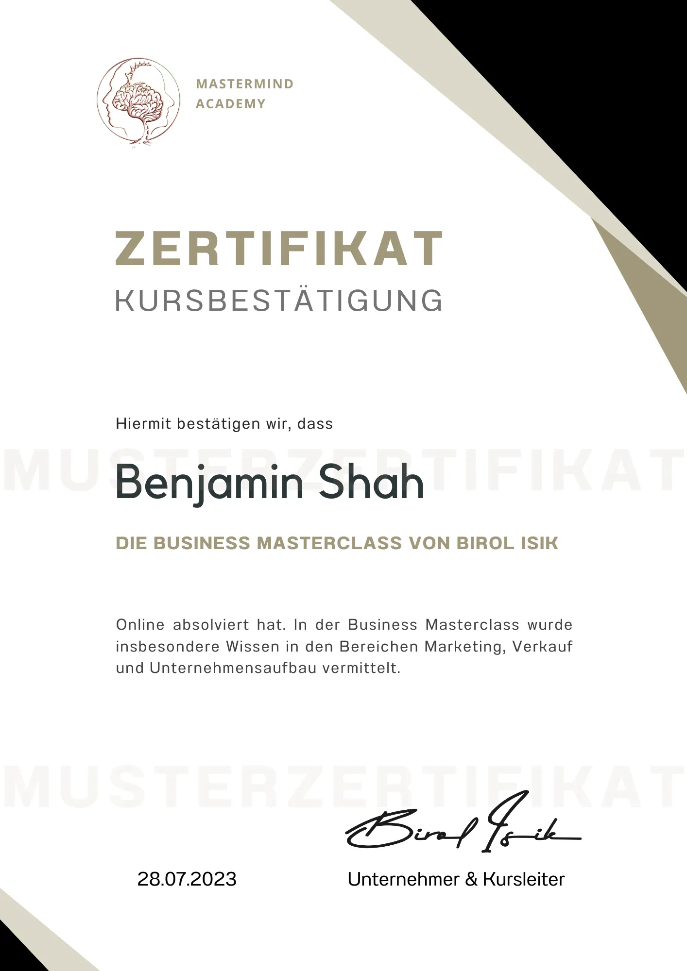 ZERTIFIKAT Birol Isik Business Masterclass
