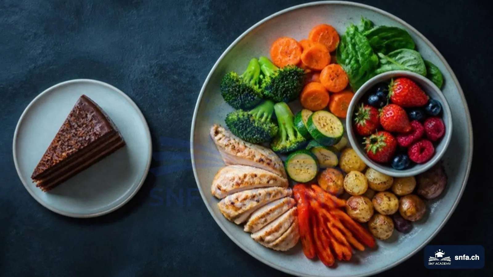 Abnehmen ohne Hunger: kleines Stück Kuchen neben grossem Teller mit Gemüse, Poulet, Kartoffeln und Beeren – SNF Academy