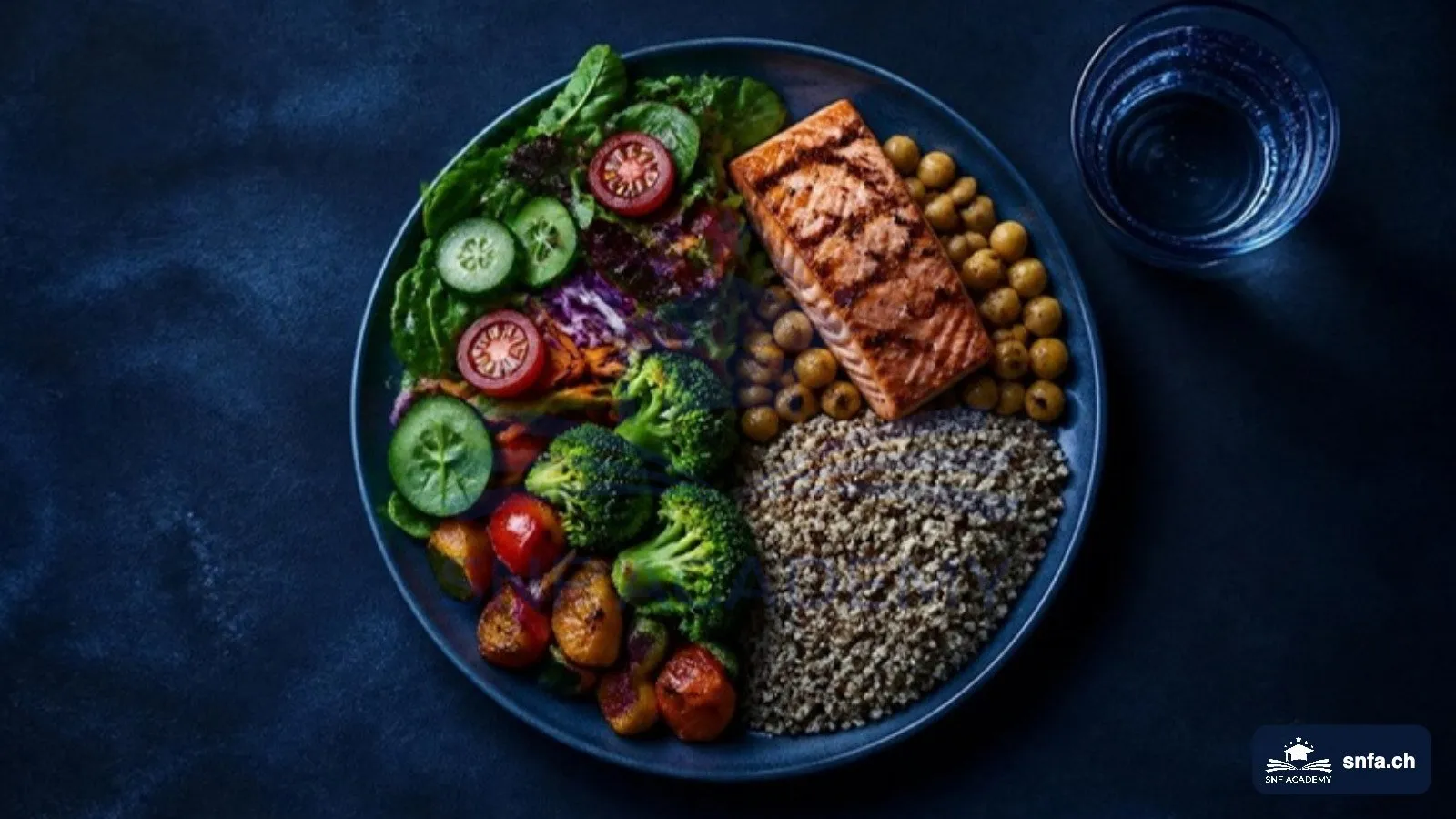 Abnehmspritze absetzen: ausgewogener Teller mit Gemüse, Lachs, Kichererbsen und Quinoa – SNF Academy