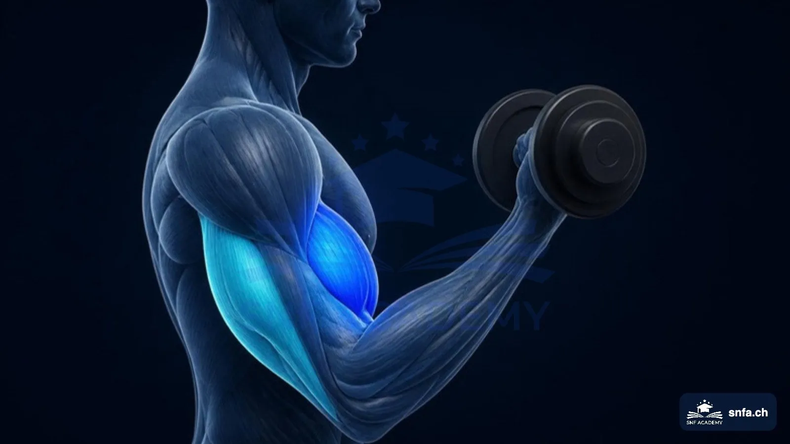 Agonist und Antagonist am Oberarm: Bizeps und Trizeps beim Curl blau hervorgehoben – SNF Academy
