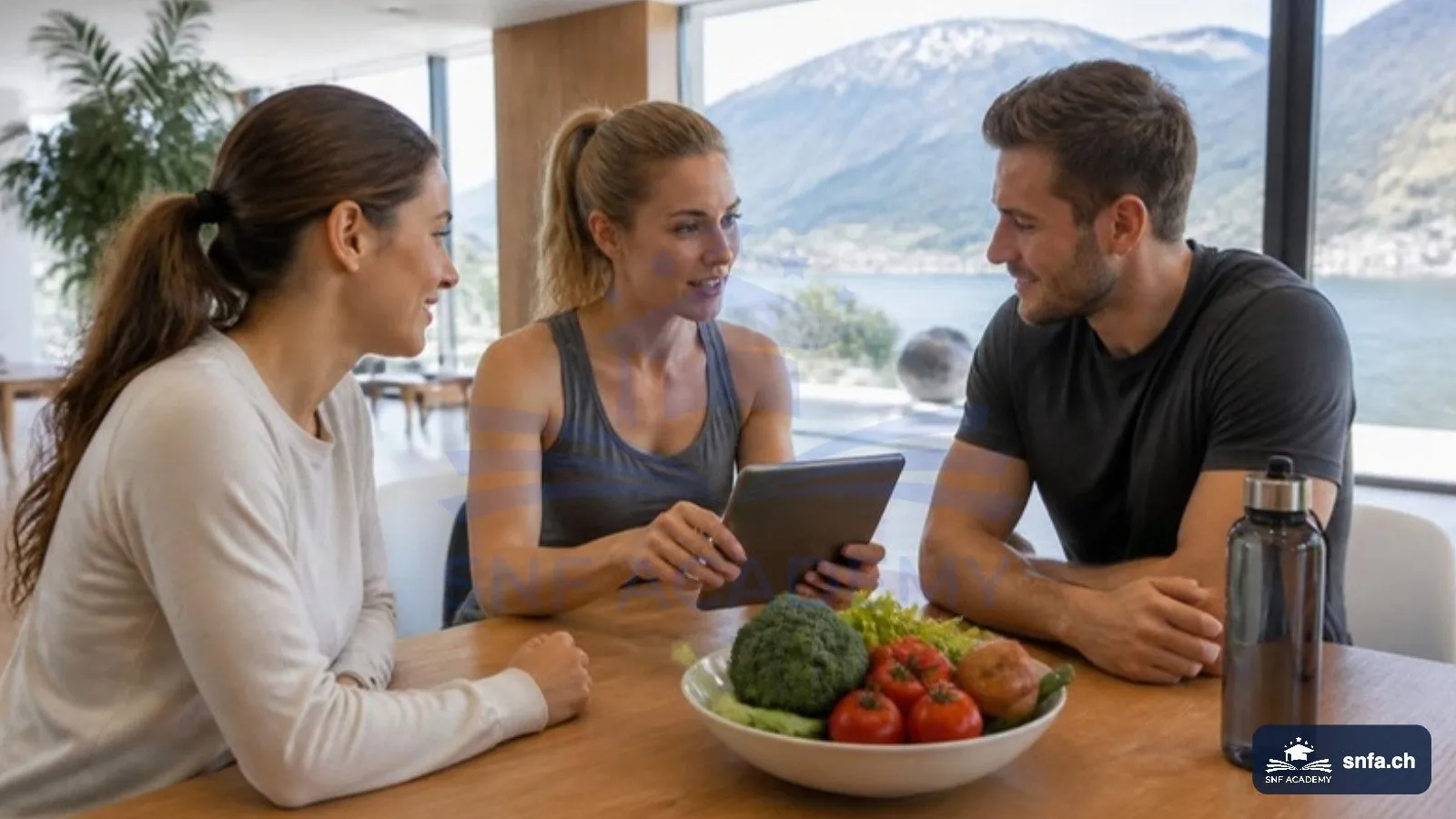 Berufe mit Sport und Ernährung: Ernährungscoach und Personal Trainer beraten eine Klientin am Tisch mit Seeblick – SNF Academy