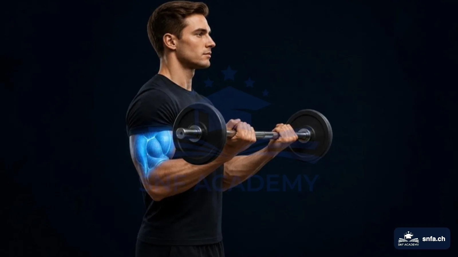 Bizeps Übungen: Langhantel-Curl mit blau hervorgehobenem Bizeps und Brachialis – SNF Academy