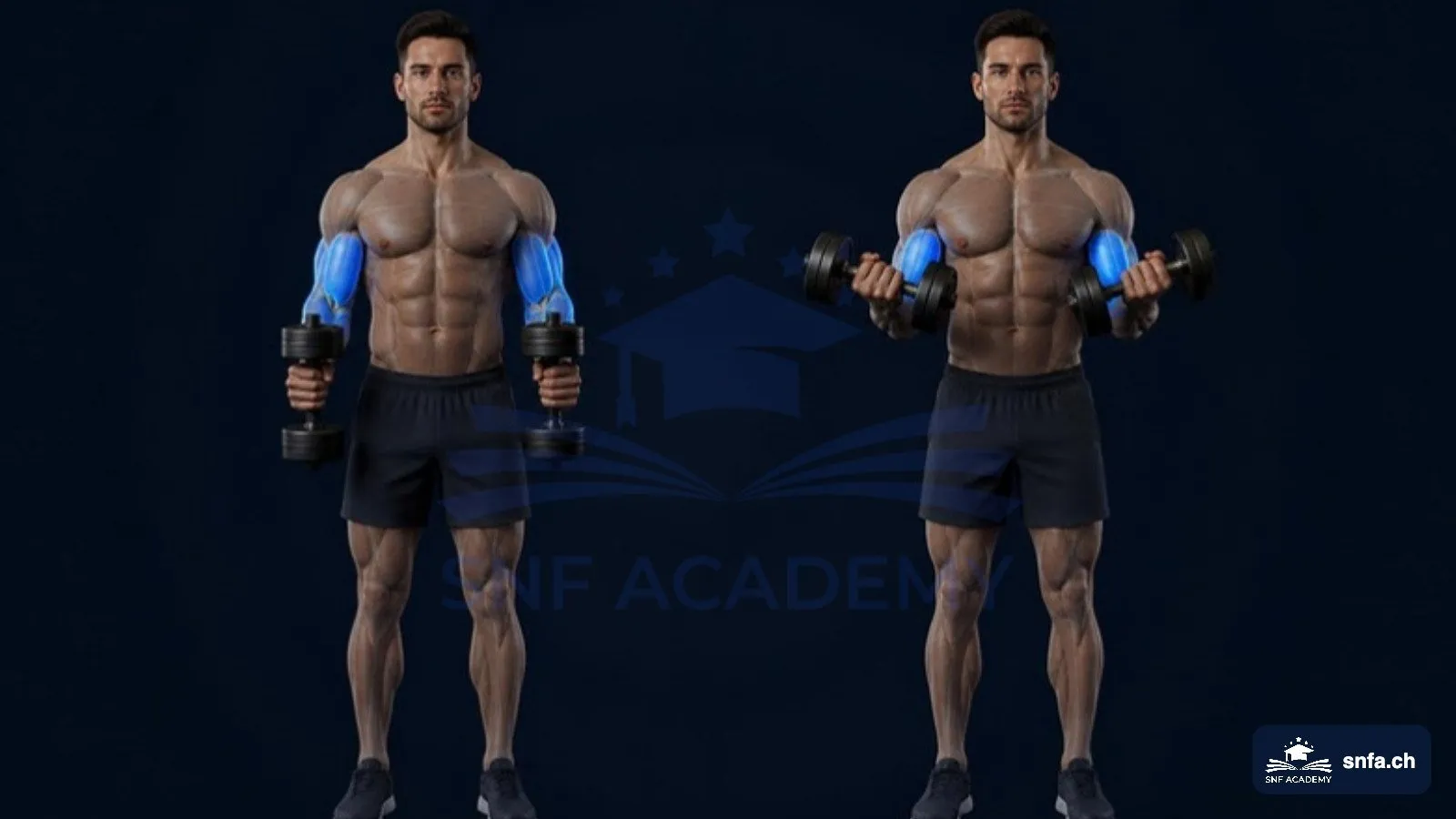 Bizeps Übungen mit Kurzhanteln: Hammer Curl und Curl mit Supination, Bizeps blau hervorgehoben – SNF Academy