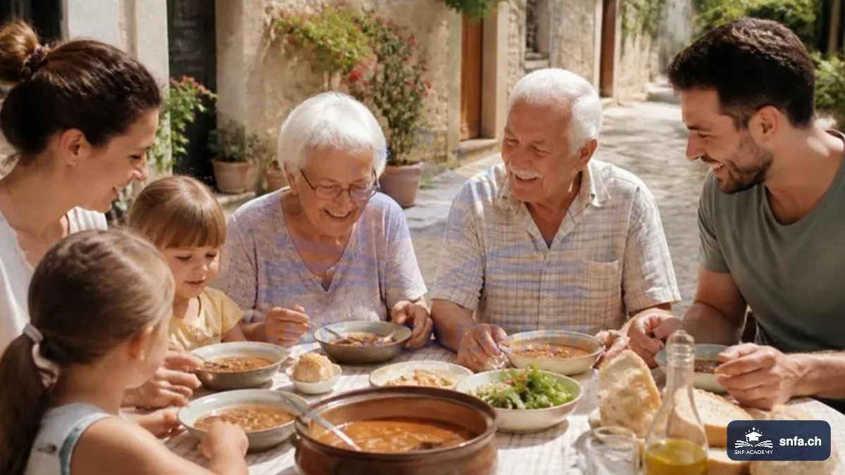 Blue Zones Ernährung: Gemeinsames Essen mit Bohnen, Gemüse und Brot in einem Mittelmeerdorf – SNF Academy